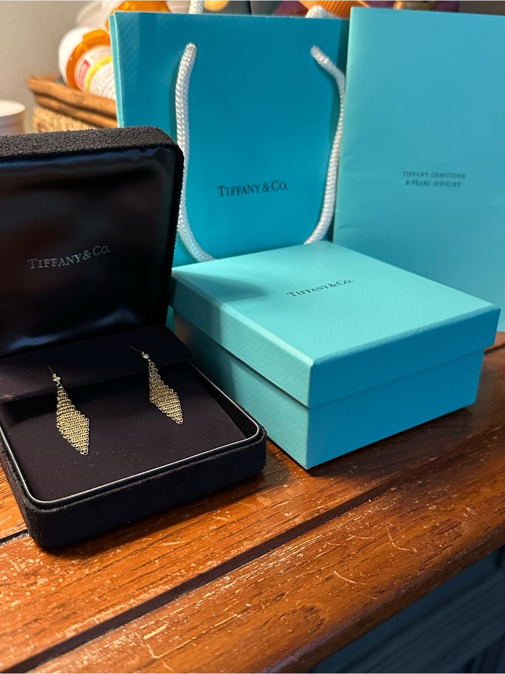 Tiffany & Co. Gold Mesh Leaf Drop Earrings